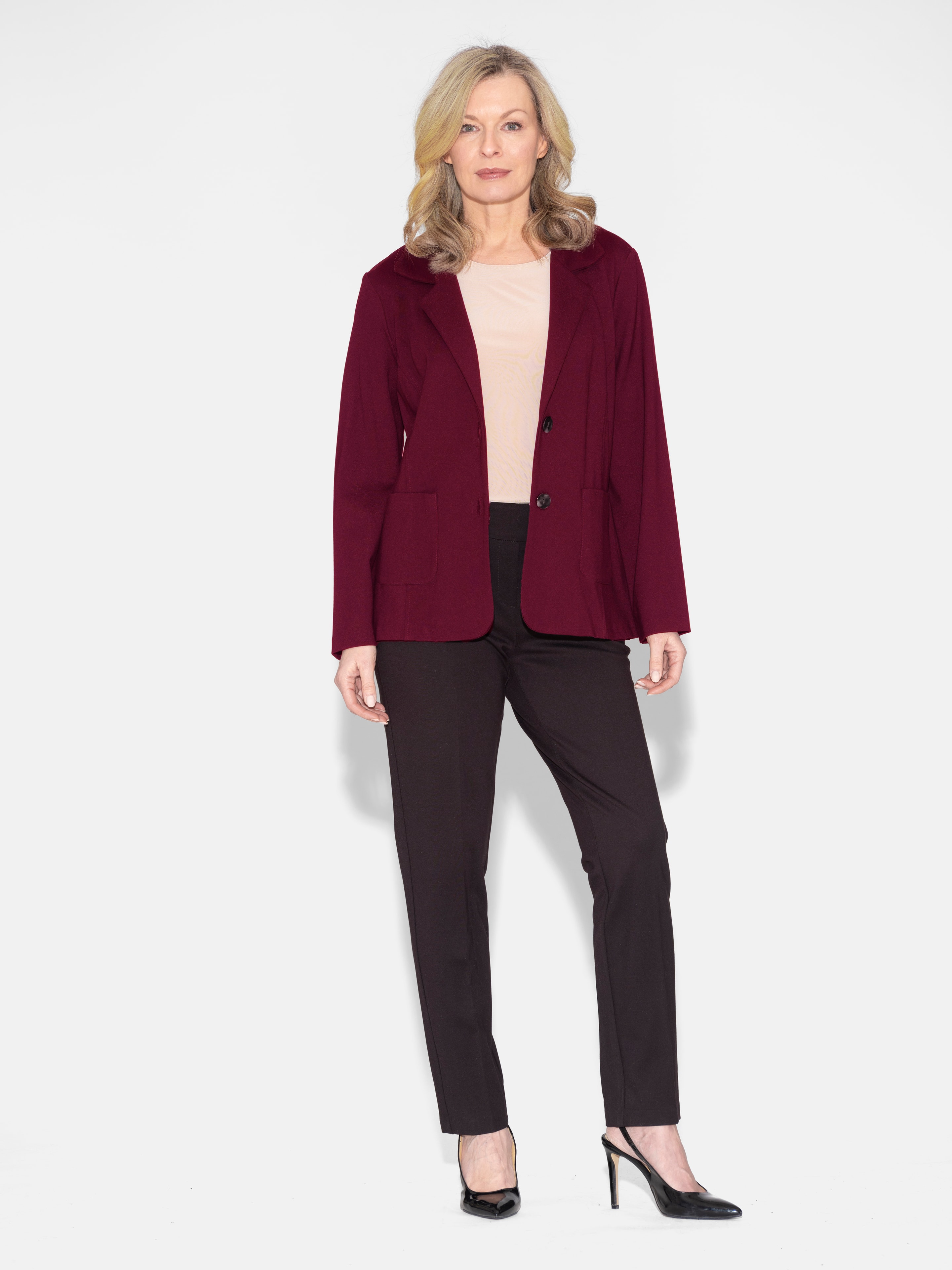 Lasania Sportswear — wine blazer with black pants
